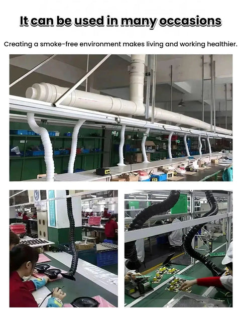 Heavy Duty Flexible Ventilation Tube With A No Brainer Flow Valve For Welding Soldering Grinding Dust Removal used in a workspace.