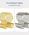 Dark Gold Double Shower Curtain Hooks With Cylindrical Design 12 Pack Metal Rust Proof Rings next to silver hooks in minimalist style