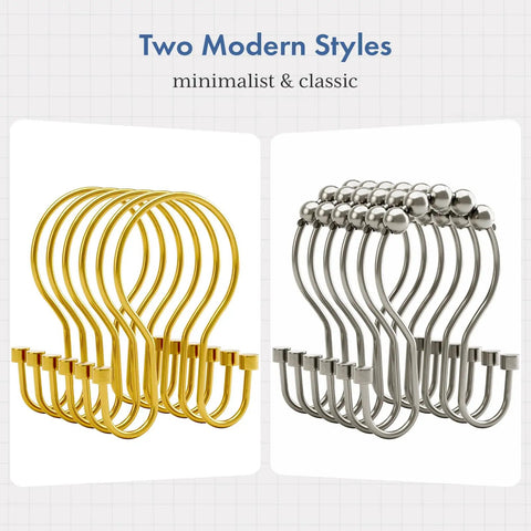 Dark Gold Double Shower Curtain Hooks With Cylindrical Design 12 Pack Metal Rust Proof Rings next to silver hooks in minimalist style