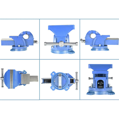Multiple angles of Heavy Duty 6 Inch Bench Vise With Anvil And 360 Degree Swivel Locking Base For Clamping Tools Built From Tough Steel 5.9 Inch Jaw Opening Ideal Bench Clamp For Home Shop And Garage Projects