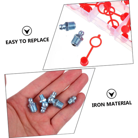 Grease Nipples Assortment Kit 100 Pcs Zerk Fittings With Caps for automotive use, close-up of zinc-plated fittings and red caps in hand.
