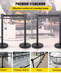 Four Piece Pro Grade Crowd Control Stanchion Set with 6.6 Ft Retractable Belt Black Barrier with Concrete and Metal Base