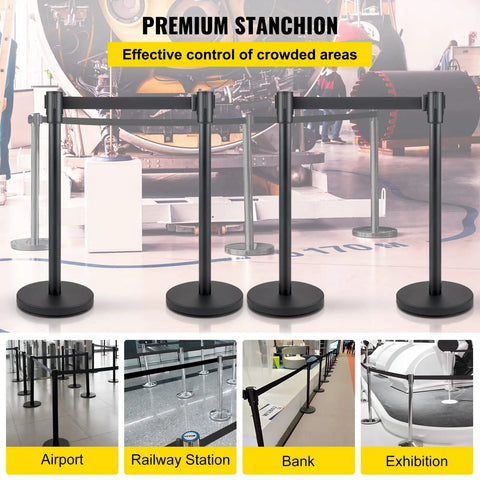 Four Piece Pro Grade Crowd Control Stanchion Set with 6.6 Ft Retractable Belt Black Barrier with Concrete and Metal Base