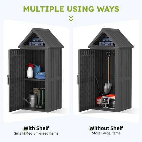 Vertical Outdoor Storage Shed With Waterproof Resin Cabinet Removable Shelves And Twelve Hooks Lockable Garden Tool Shed