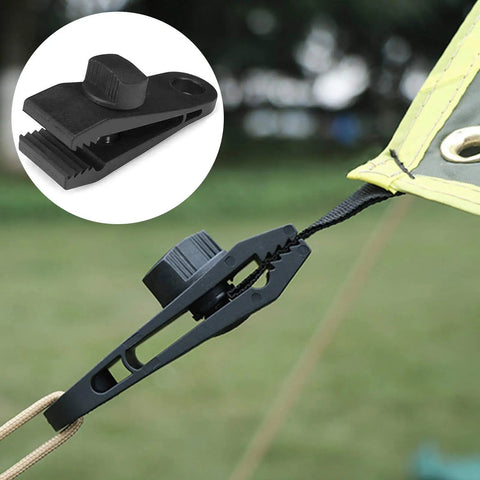Heavy Duty Tarp Clips With Locking Thumb Screws For Canopies And Tents, shown in use with a canopy edge, close-up view