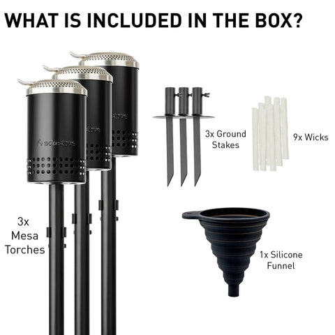 Mesa Torch 3 Pack Outdoor Backyard Torches With 5 Hour Burn Time In Cold Rolled Steel Includes 3 torches, stakes, funnels, wicks.