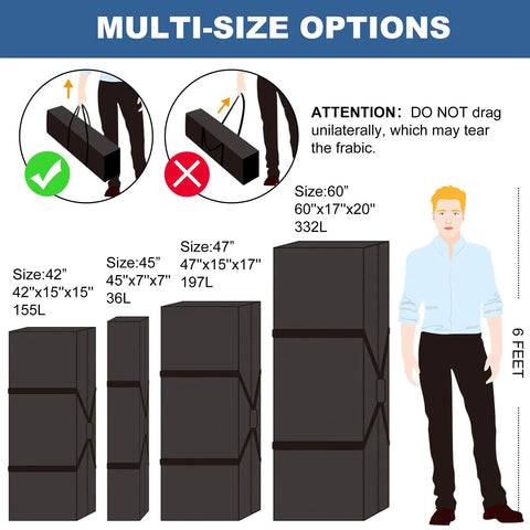 Comparison of duffle bag sizes including 60 Inch Extra Large Duffle Bag for Travel Camping and Moving with Upgraded Zipper