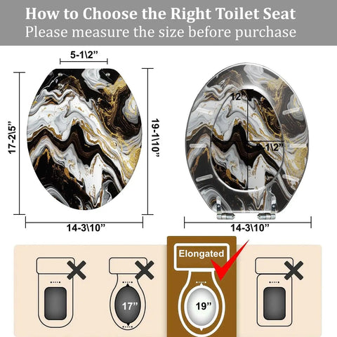 Elongated Toilet Seat for Bathroom sizing guide, dimensions 14.3" x 19" with installation tips for proper fit.