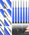 Magnetic Eyeglass Repair Kit With Eight Precision Screwdrivers Nose Pads Ear Grips And Tweezers In A Handy Travel Case For Glasses And Sunglasses All In One Fix Tool Set For Quick On The Go Adjustments, showing eight blue-handle screwdrivers.
