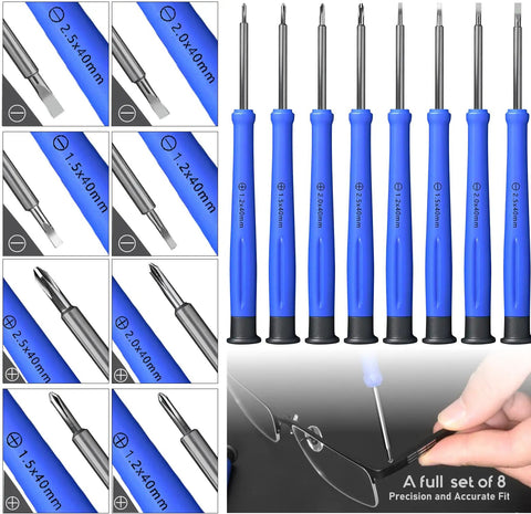 Magnetic Eyeglass Repair Kit With Eight Precision Screwdrivers Nose Pads Ear Grips And Tweezers In A Handy Travel Case For Glasses And Sunglasses All In One Fix Tool Set For Quick On The Go Adjustments, showing eight blue-handle screwdrivers.