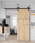 Beefy Heavy Duty Sliding Barn Door Hardware Kit for 6ft Single Door, Smooth Quiet Operation, Easy To Install, Fits 1 3 8 To 1 3 4 Inch Door Thickness, Black With J Shape Hangers, 350 Lb Capacity, Anti Jump Safety installed on a wooden door in a living room setting.