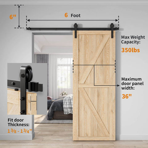 Beefy Heavy Duty Sliding Barn Door Hardware Kit for 6ft Single Door, Smooth Quiet Operation, Easy To Install, Fits 1 3 8 To 1 3 4 Inch Door Thickness, Black With J Shape Hangers, 350 Lb Capacity, Anti Jump Safety installed on a wooden door in a living room setting.