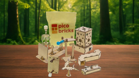 Totally Hands On 8in1 Physics Woodcraft Kit For Kids And Curious Learners Featuring Skeleton Model Periscope Balance Bird And Star Night Light Plus DIY STEM Projects Safe Durable Wood Parts Easy Step By Step Illustrated Build Guide, wooden parts on table