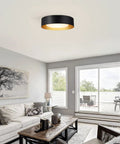 Black And Gold Flush Mount Ceiling Light With Glass Drum Shade Sixteen Point Five Inch Sleek Modern Round Fixture shown in living room.