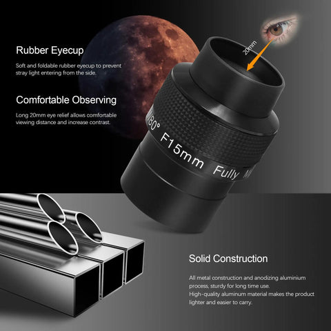 Image of Two Inch 15mm Ultra Wide 80 Degree Eyepiece With Fully Multi Coated Optics for astronomy, highlighting durable construction.