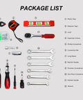 Package contents of All In One 238 Piece Home Tool Set For DIY Repairs visible with wrenches, measuring tape, level, and screwdriver.
