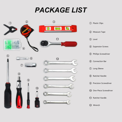 Package contents of All In One 238 Piece Home Tool Set For DIY Repairs visible with wrenches, measuring tape, level, and screwdriver.