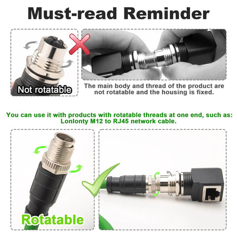 M12 To RJ45 X Code 8 Pin Shielded IP68 Industrial Ethernet Adapter rotatable vs non-rotatable demonstration