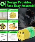 Lighted Extension Cord Ends Replacement Plug 15A 125V NEMA 5-15P To 5-15R Male And Female UL Listed Power Connector With Lit LED Indicator 3 Prong Yellow, shown assembled