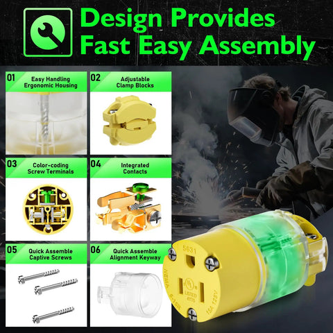 Lighted Extension Cord Ends Replacement Plug 15A 125V NEMA 5-15P To 5-15R Male And Female UL Listed Power Connector With Lit LED Indicator 3 Prong Yellow, shown assembled