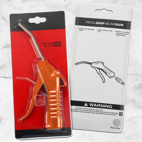Heavy Duty 2 Pack Air Blow Gun Set With Ergonomic Pistol Grip And Solid Iron Barrel Reliable Compressor Nozzle For Daily Grind Cleanups Dust Blasting And Mechanic Detailing In Bright Orange on packaging.