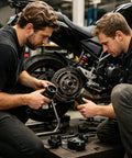 Two mechanics using Beefy Heavy Duty Belt Pulley Removal Tool With Double Head For Quick Belt Drive Repairs In Garages And Shops.