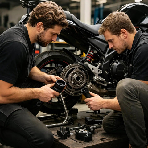 Two mechanics using Beefy Heavy Duty Belt Pulley Removal Tool With Double Head For Quick Belt Drive Repairs In Garages And Shops.