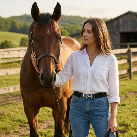 Woman in white shirt wearing Elastic Equestrian Belt For Women With Wide Horse Riding Strap and Buckle, standing with a horse.