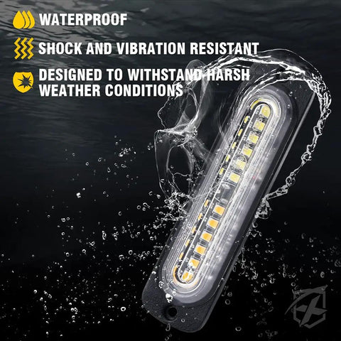 White Amber 12 LED Emergency Strobe Light Kit with Ultra Thin Flush Mount showing waterproof feature with water splash