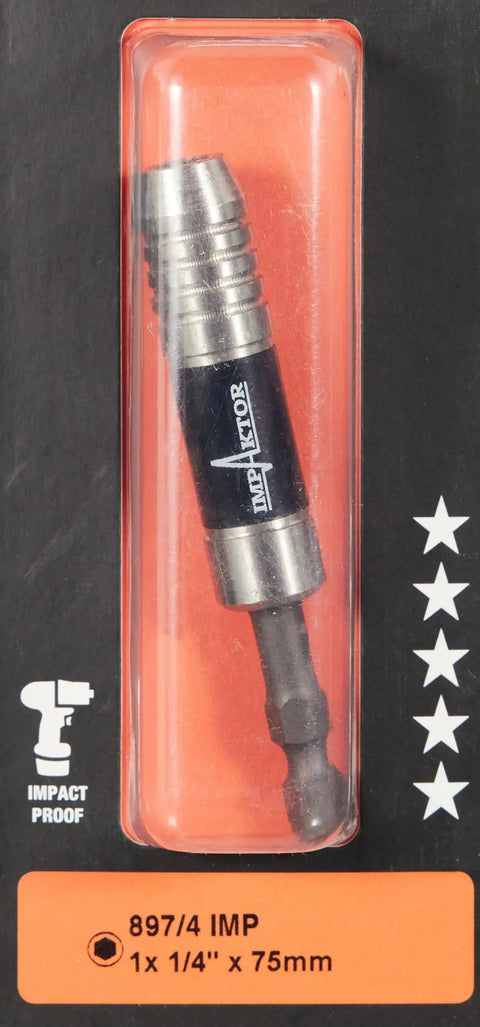 Impaktor Bit Holder With Retaining Ring And Magnetic Grip For Quarter Inch Hex Drive 75 mm Length Stainless Steel in packaging.