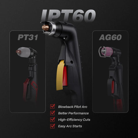 Close-up view of IPT60, PT31, AG60 plasma cutter torches for 60Amp Non HF Plasma Cutter Dual Voltage 110V 220V With Large LED Display
