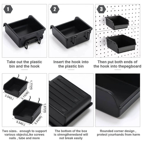 12 Piece Pegboard Bin Kit With 3.5 Inch And 5.5 Inch Plastic Storage Bins And Hooks For Peg Boards Easy Install Durable Workbench Organizers For Hardware Garage Craft Room And Tool Shed displaying step-by-step installation and features.