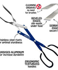 18 Inch 3 In 1 Barbecue Tool With Long Tongs Spatula And Grill Scraper, Blue, showing features like beveled edges and ergonomic handles