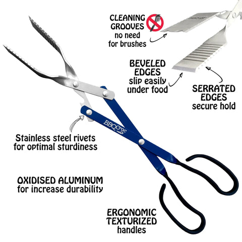 18 Inch 3 In 1 Barbecue Tool With Long Tongs Spatula And Grill Scraper, Blue, showing features like beveled edges and ergonomic handles
