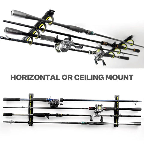 Heavy Duty Fishing Rod Rack for Garage or Vehicle Wall or Ceiling Mount with Soft Rubber Coated Holders, holds 8 rods