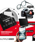 Eyeglasses cleaning wipe packet with microfiber cloth, individually wrapped; shows glasses, camera, laptop, phone.