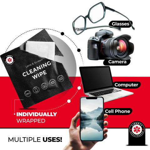 Eyeglasses cleaning wipe packet with microfiber cloth, individually wrapped; shows glasses, camera, laptop, phone.