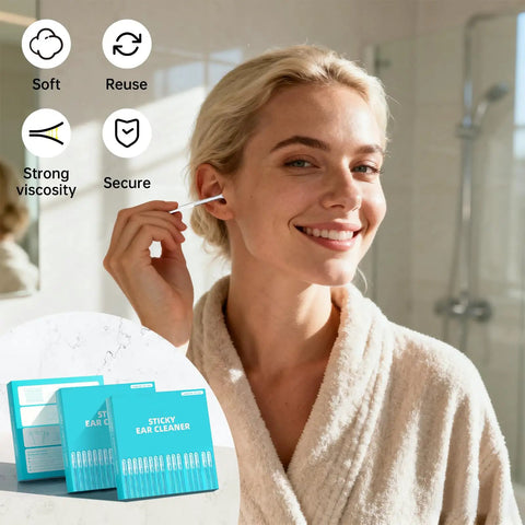 Woman using sticky ear wax remover stick for gentle cleanout, reusable kit for kids and adults. Inset of 3 boxes, 72 pcs total.