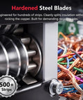 Close-up of heavy duty manual wire stripper tool for scrap copper recovery with multi hole peeler and 500+ strips badge.