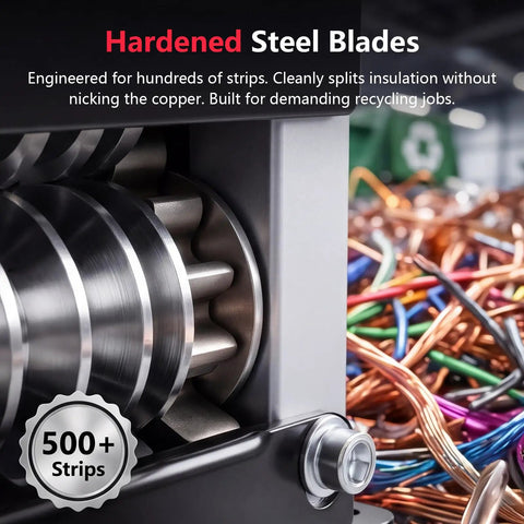 Close-up of heavy duty manual wire stripper tool for scrap copper recovery with multi hole peeler and 500+ strips badge.