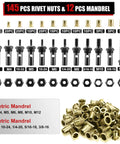 Rivet Nut Tool Kit With 16 Inch Quick Change Head, 12 Interchangeable Metric And SAE Mandrels, 145 Rivnuts, And Rugged Carrying Case For Pro Grade Fastener Installations displayed with components.