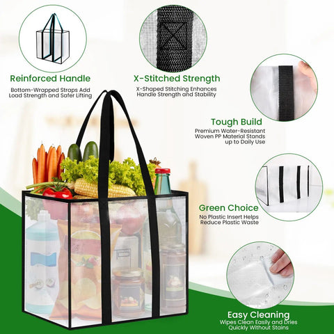 Four Pack Reusable Grocery Bags With Heavy Duty Handles Water Resistant And Foldable 33L Capacity with groceries inside