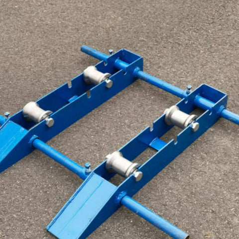 Heavy Duty Cable Guide Roller Wheel With Wide Flanges And Hollow Center, Solid Steel Smooth Surface For Low Friction Payouts, 8 Ton Capacity, Extra Large Wheel For Workshops Construction And Maintenance on blue steel frame