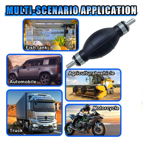 Illustration showing Fuel Line Hand Primer Bulb 6mm One Quarter Inch Rubber One Way Fuel Pump for various vehicles and uses.