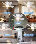 20 Inch Ceiling Fan With Light Socket Remote Plug And Play 30W 2000 Lumens Three Color Temperatures 3000K To 6000K Six Speed Wind Screw In Ceiling Fan for Bedroom, Living Room, Kitchen, Garage, and Laundry Room showing installation in different rooms