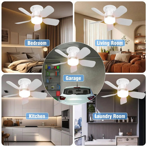 20 Inch Ceiling Fan With Light Socket Remote Plug And Play 30W 2000 Lumens Three Color Temperatures 3000K To 6000K Six Speed Wind Screw In Ceiling Fan for Bedroom, Living Room, Kitchen, Garage, and Laundry Room showing installation in different rooms