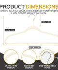 50 Pack Ultra Slim Velvet Closet Hangers Top Shelf Non Slip Felt Coat Jacket Dress Organizers Space Saving Closet Game Heavy Duty Swivel Hook Smooth Glide Ivory product dimensions and features diagram