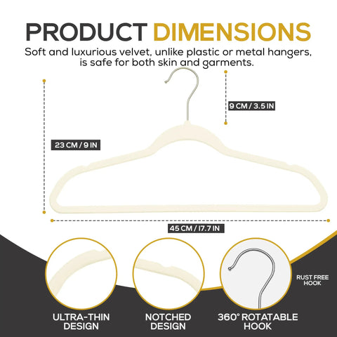 50 Pack Ultra Slim Velvet Closet Hangers Top Shelf Non Slip Felt Coat Jacket Dress Organizers Space Saving Closet Game Heavy Duty Swivel Hook Smooth Glide Ivory product dimensions and features diagram