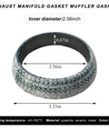 Front view: 65mm graphite exhaust gasket donut; inner diameter 2.56in, outer diameter 3.23in; universal manifold/downpipe seal
