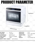 Compact Countertop Dishwasher Handles The Heavy Lifting With Automatic 1000 Watt Cleansing Cycles Spanning Eco Intensive And Quick Wash Options For Total No Fuss Kitchen Refresh, showing product parameters and dimensions.